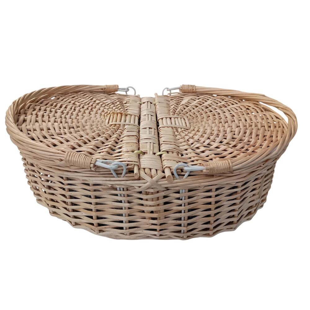 Hand Woven Large Wicker double lidded picnic basket. Gingham pattern lined.
